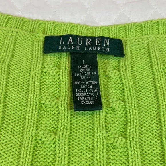 LAUREN Ralph Lauren V Neck Cable Knit Vintage Sweater. Bright Green. Size Large. - Picture 2 of 8